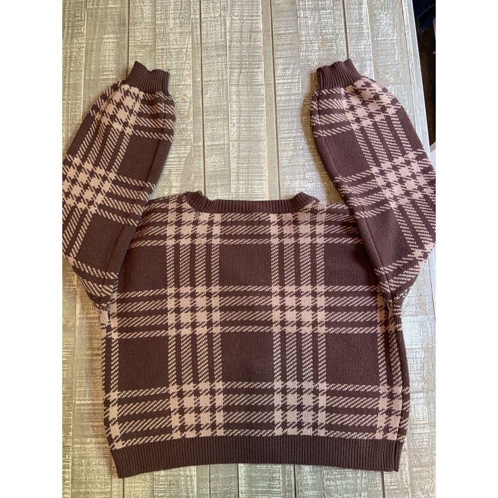 Hollister Brown Plaid Cropped Cardigan Sweater Large V-Neck Button Up Women's - Picture 7 of 7